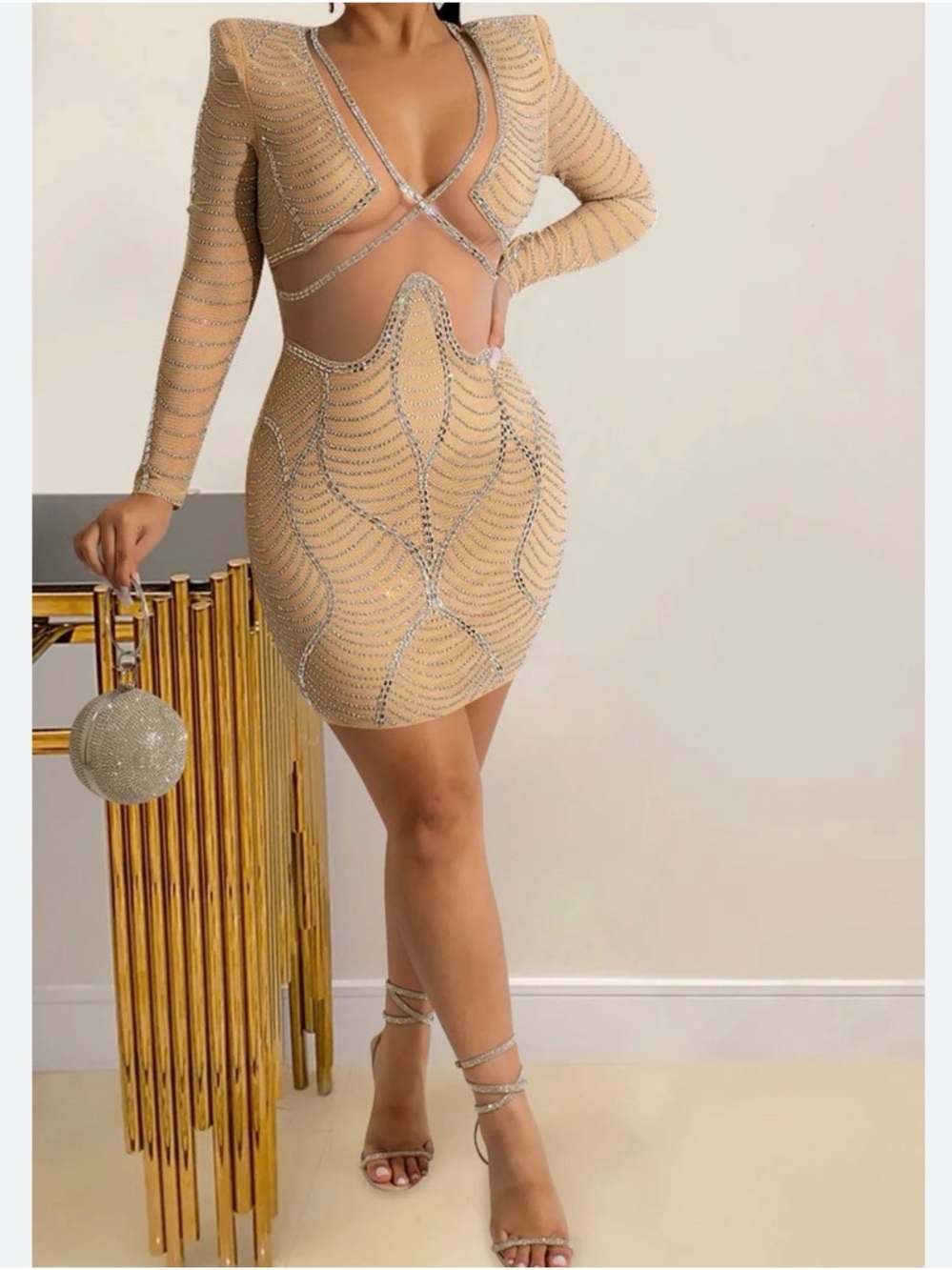 Beaded Nude Cutout Bodycon Mini Dress